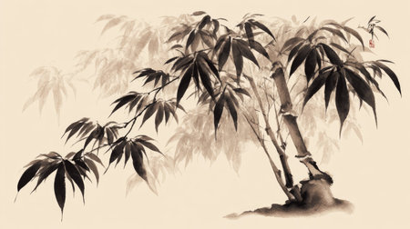 This image showcases an ink wash painting of bamboo. The artwork features dark leaves and stalks against a light background. The composition emphasizes the form and texture of the bamboo, with soft shadows adding depth. This piece is suitable for various editorial and commercial applications.の素材