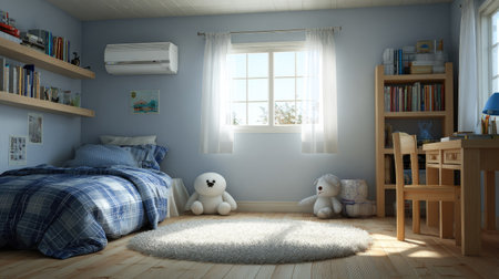 A digitally rendered interior depicts a bright bedroom with a bed, desk, and bookshelves. Soft sunlight streams through a window, illuminating the room's light blue walls and wooden furniture. A fluffy rug and teddy bears add a touch of comfort, suggesting domestic settings for various applications.の素材