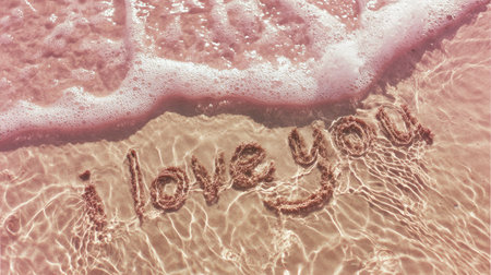 The photograph presents the phrase "I love you" written on wet sand, being gently washed over by a foamy wave. Soft, warm colors dominate, suggesting a sunlit environment. The texture of the sand and water creates a tactile visual experience. Suitable for conveying themes of love, affection, and romantic sentiments in various creative projects.の素材