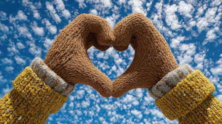 Two hands wearing knit gloves create a heart shape against a bright blue sky dotted with white clouds. The gloves exhibit a textured, warm appearance. The composition uses natural light, emphasizing the central form. Suitable for various visual projects, including promotional material and editorial content.の素材
