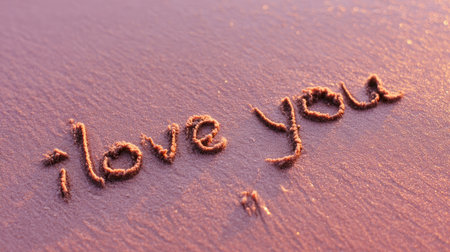 The phrase "I love you" is written in elegant cursive on a surface. The image features a warm color palette, suggesting a sunny daytime setting, with soft lighting. This visual is suitable for expressing affection and sentiments. It could be useful for various commercial projects like greeting cards or online content.の素材