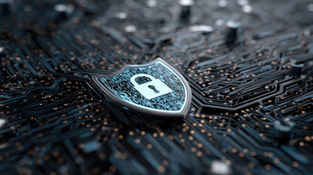 A digital shield with a lock icon is superimposed over a circuit board, conveying security. The image features cool tones, a shallow depth of field and selective focus. The composition suggests a concept of protection within the digital realm. It could be used in projects related to technology, data security, or online privacy.の素材