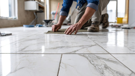 A worker is seen installing ceramic tiles. The composition highlights the white and gray tiles, capturing the texture. The image depicts an interior setting, possibly undergoing renovation. Suitable for commercial uses related to construction, home improvement, and design, or visual content.の素材