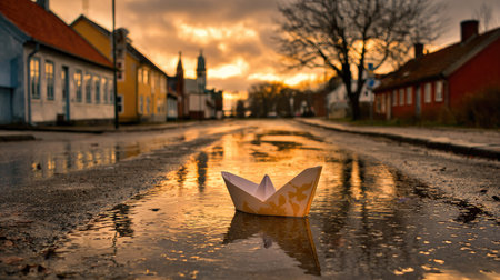 A paper boat floats in a puddle reflecting the sky and surrounding buildings. The composition features a low-angle perspective, with warm colors dominating the scene. Buildings line the street under a cloudy sky, while the lighting suggests a dramatic atmosphere. Suitable for various visual projects including advertising and editorial.の素材