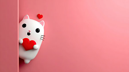 A cartoon-style white cat with a surprised expression holds a red heart against a pink backdrop. The image features smooth textures and a minimalist composition. The scene includes a small red heart floating near the cat. Suitable for various design projects and commercial applications, the artwork conveys affection.の素材
