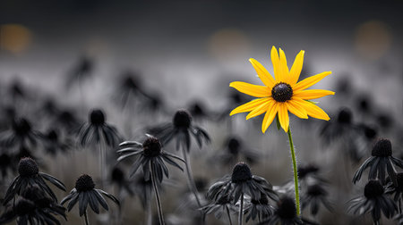 A singular yellow flower blooms prominently amidst a field of darkened flowers. The contrasting colors and shallow depth of field highlight the central subject. The image uses a balanced composition. Its potential applications include editorial content, advertising, and various visual projects.の素材