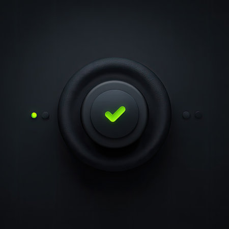Green button on a black background. 3d rendering, 3d illustration.の素材