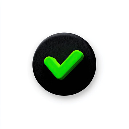 Green check mark button isolated on white background. 3d illustration.の素材