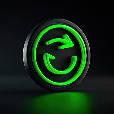 Refresh icon on black background. 3D rendering. Neon sign.の素材