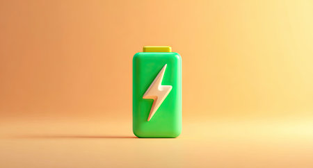 Green battery with lightning symbol on orange background. 3D rendering.の素材