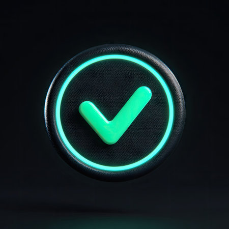 Green glowing check mark button isolated on black background. 3d renderingの素材