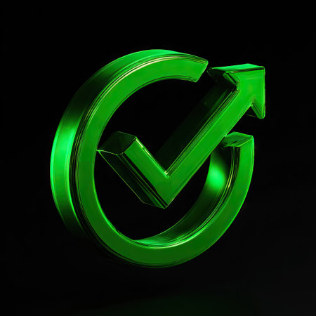 3d checkmark icon with a green arrow in a circle on a black background --chaos 30 --v 7 Job ID: 104538dc-4dc4-4809-b9fa-b330a6cb9db0の素材