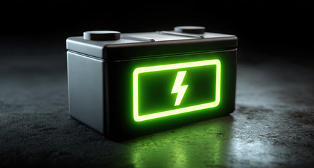 Battery with green neon symbol on dark grunge background, 3D renderingの素材