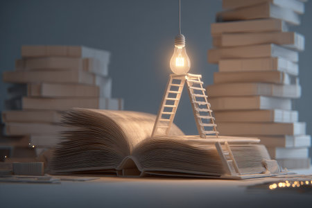 Open book with light bulb and ladder. Education concept. 3D Renderingの素材