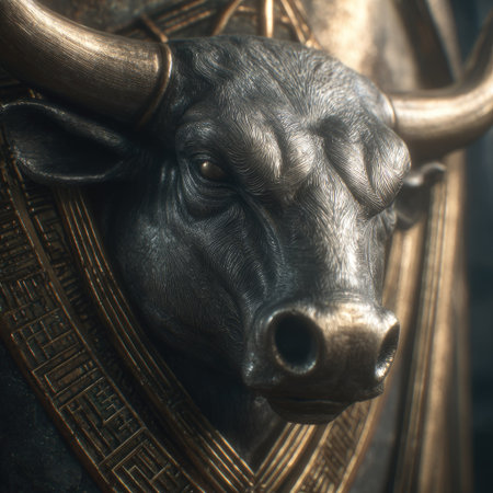 Close up of the head of a bronze bull, symbol of 2021.の素材