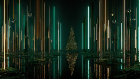 christmas tree and reflection on the water, 3d rendering backgroundの素材