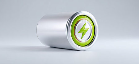 Battery with green power symbol on white background. 3D rendering.の素材