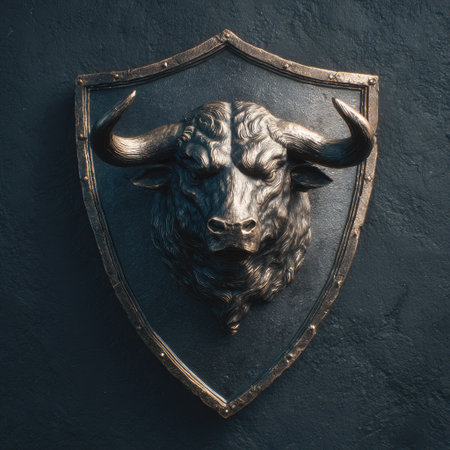 Bronze shield with bull head on dark background. Copy space.の素材