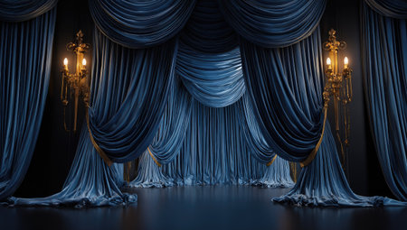 Theater stage with blue curtain and lighting. 3D rendering.の素材