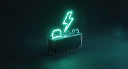 3D rendering of a neon box with lightning symbol isolated on black backgroundの素材