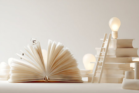 Open book with light bulb and wooden ladder. Education concept. 3D Renderingの素材