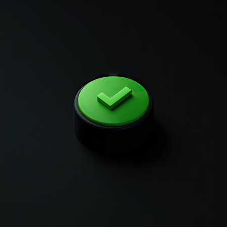 Green button with check mark on black background. 3D rendering.の素材