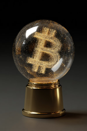 Crystal ball with golden bitcoin symbol on black background. 3D renderingの素材