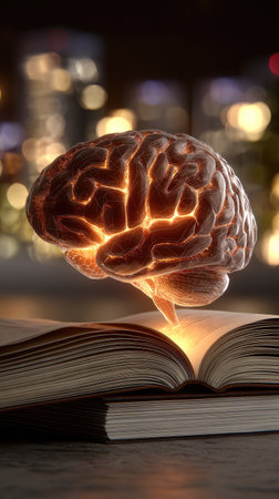 Human brain on open book with bokeh background. 3D renderingの素材