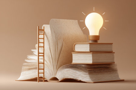 Books and light bulbs. Education concept. 3D rendering.の素材
