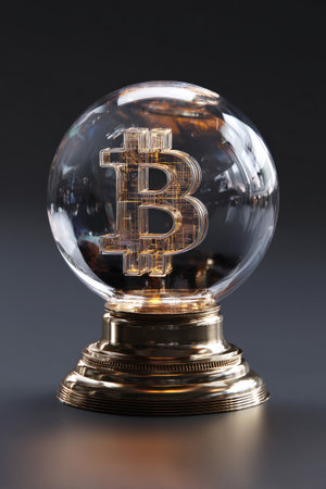 Bitcoin in crystal ball. Cryptocurrency concept. 3D illustration.の素材