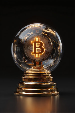 Bitcoin in a crystal ball on black background. Cryptocurrency concept.の素材