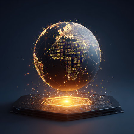 Glowing globe on laptop. Technology concept. 3D Renderingの素材