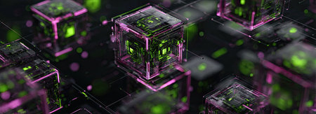 Abstract 3d rendering of green and purple cubes on a black backgroundの素材