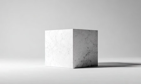 3d rendering of white marble cube on white background. Minimal style.の素材