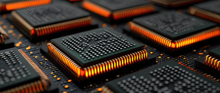 Computer processor chip close-up. 3d rendering, 3d illustration.の素材