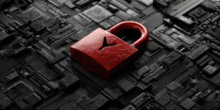 Padlock on circuit board. Computer security concept. 3D Renderingの素材