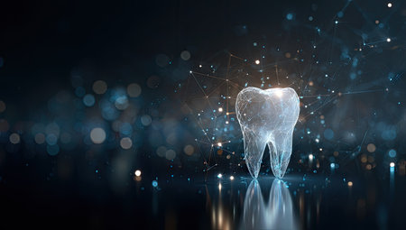 Digital tooth on dark background. 3d rendering toned image double exposureの素材