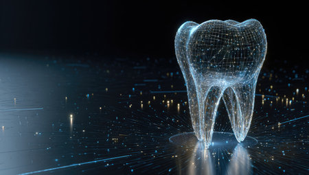 3d rendering of tooth digital hologram over dark background with particlesの素材