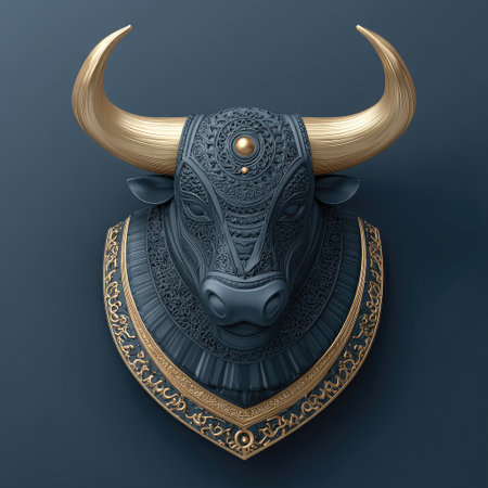 Black bull head with golden ornament. 3D illustration. Isolated on black background.の素材