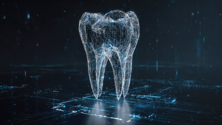 Digital tooth hologram on dark background 3D rendering. Technology conceptの素材