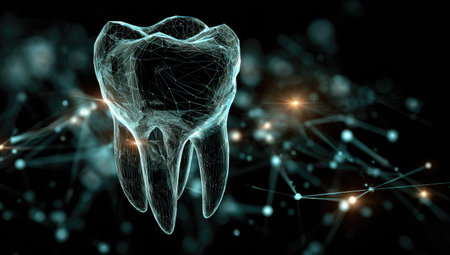 Digital illustration of tooth with connection lines on dark background 3D renderingの素材
