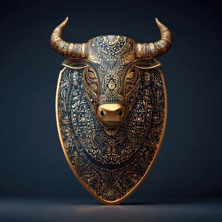 Golden bull head with ornament on dark background. 3D illustration.の素材