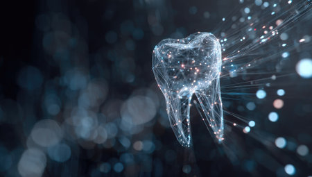 Digital 3D illustration of a tooth with points and lines on a dark backgroundの素材