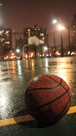 basketball ball on the street in the rain at night with city lightsの素材
