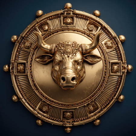 3d rendering of a golden bull head on a black background.の素材