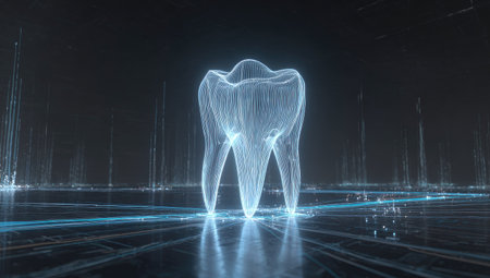 3d rendering x-ray tooth with glowing lines on dark backgroundの素材
