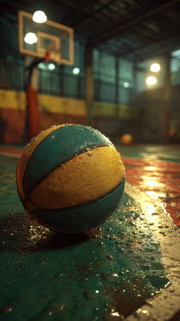 Basketball ball on the floor in a gym. Selective focus.の素材