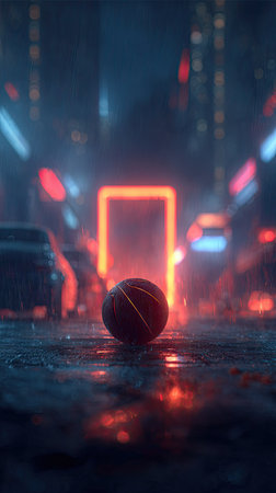 Basketball ball on wet asphalt, illuminated by neon light. Sport concept.の素材