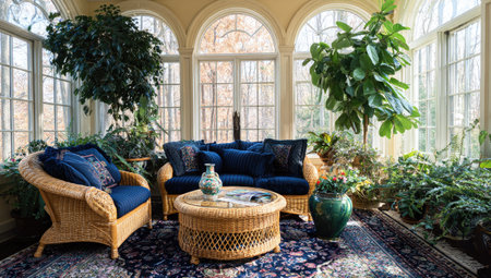 Interior of a classic living room with wicker furniture and plantsの素材