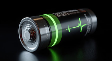 3d illustration of alkaline batteries on black background with green lightの素材